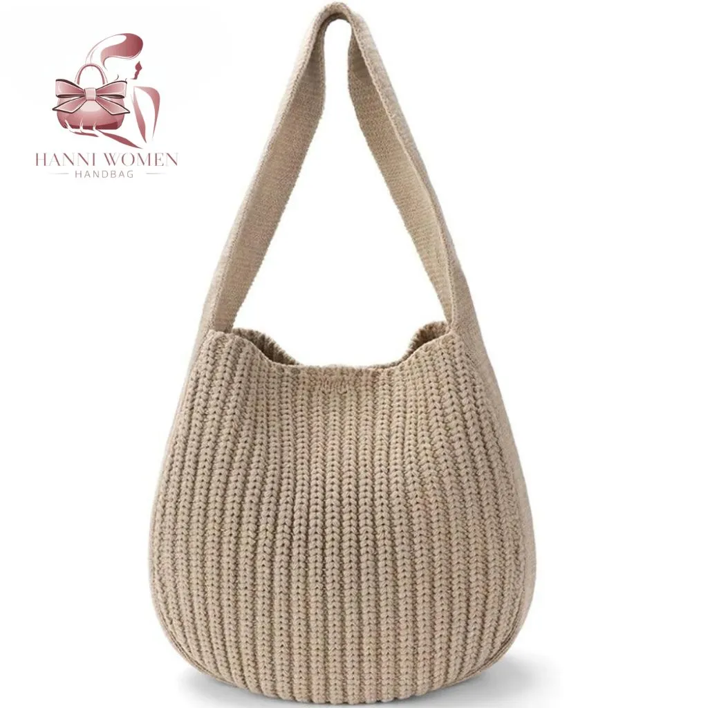 Crochet Tote Bag for Women (Beige, Brown)